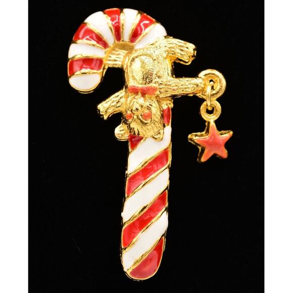 Vintage Christmas Candy Cane Pin Brooch Red White Enamel Gold Teddy Bear Bin7 - Picture 1 of 12